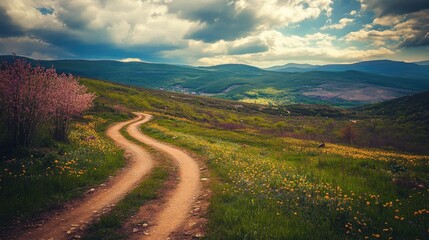Fototapeta premium Quiet country road lined with vibrant wildflowers, stretching through a peaceful rural landscape.
