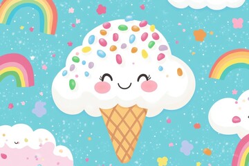 Cute ice cream cone with sprinkles and smiling face