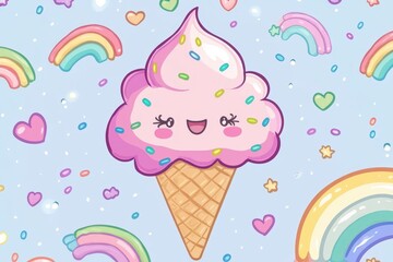 Kawaii pink ice cream cone with cute face artwork