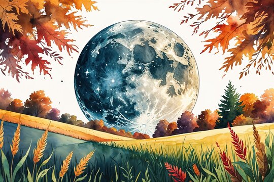 Autumn Watercolor Harvest Moon Artwork Featuring Fields and Shadows for Seasonal Decor