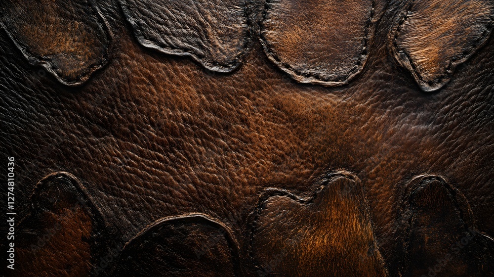 Poster close-up of dark brown leather with unique stitching and aged texture. perfect background image. dar