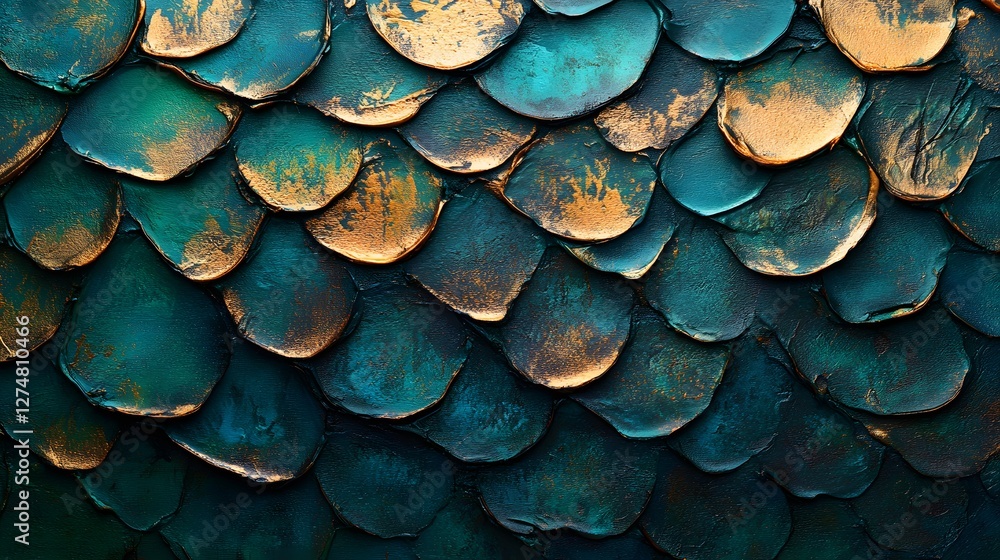 Poster close-up view of an abstract artwork depicting overlapping scales in shades of teal and gold. opulen