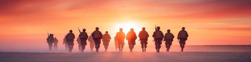 Fototapeta premium Silhouetted soldiers march towards a vibrant sunset, a powerful image of camaraderie and duty.