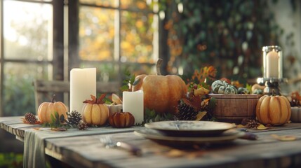 Naklejka premium Rustic Thanksgiving table with pumpkins, candles, and wooden accents, warm tones, 