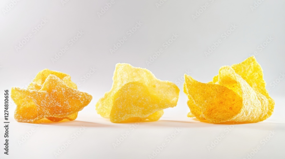 Poster close-up of three different types of crispy potato chips arranged on a clean background