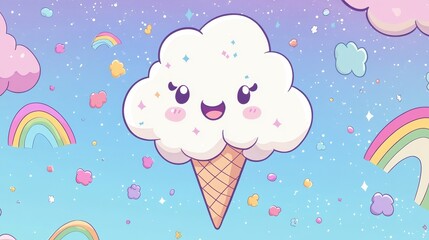 A cute kawaii ice cream cone cloud floats in space