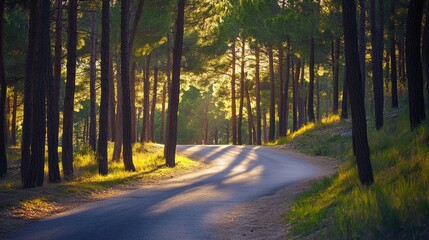 Fototapeta premium Road curving through a forest of tall pines, sunlight dappling through the branches.
