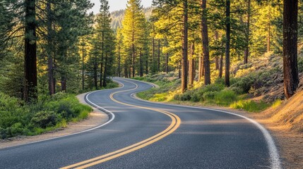 Fototapeta premium Road curving through a forest of tall pines, sunlight dappling through the branches.