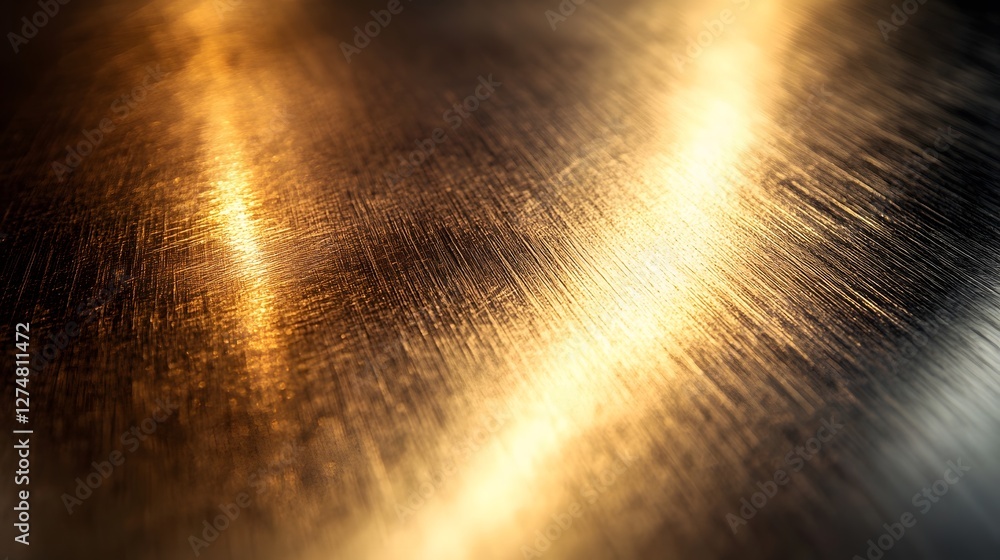 Poster close-up shot of a metallic surface with a golden hue and a distinct textured pattern. golden hues: 