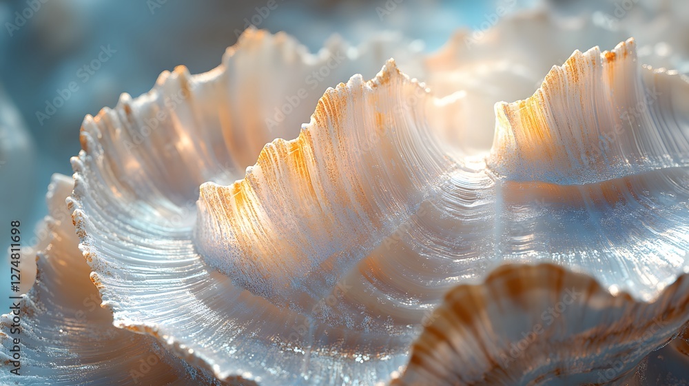 Poster A detailed macro shot of a seashell, showcasing its intricate texture and delicate color variations. Seashell Close-up: Nature's Intricate Beauty