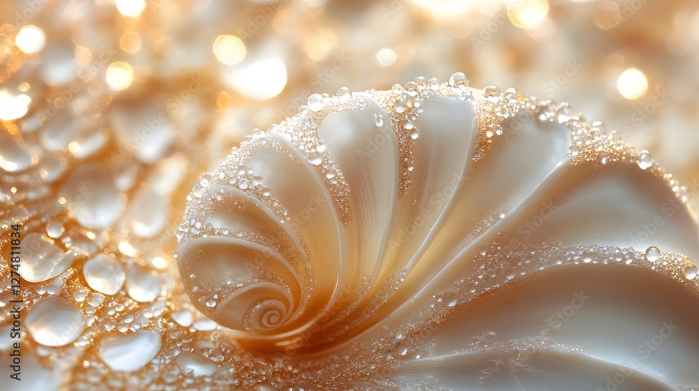 Poster A mesmerizing close-up of a seashell adorned with glistening dewdrops. The image exudes serenity and showcases nature's intricate beauty. Dew-Kissed Seashell: A Symphony of Nature's Elegance