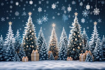 Naklejka premium Enchanting Winter Wonderland Scene Featuring Decorated Pine Trees and Floating Snowflakes