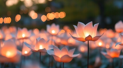 Illuminated paper flowers glow softly in the twilight, creating a serene and magical ambiance.