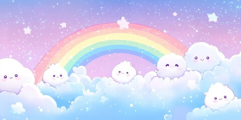 Fototapeta premium Cute clouds float under a pastel rainbow in the sky