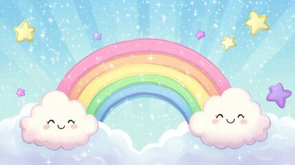 Cute cartoon style rainbow with smiling clouds and shiny stars