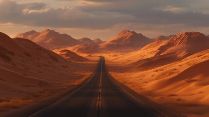 Naklejka premium Scenic desert highway cutting through vast sand dunes, soft golden light of the late afternoon.