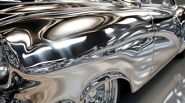 Close-up of a gleaming classic car's chrome body, showcasing its reflective surface and exquisite detailing. Reflective Chrome Classic Car: A Symphony in Silver