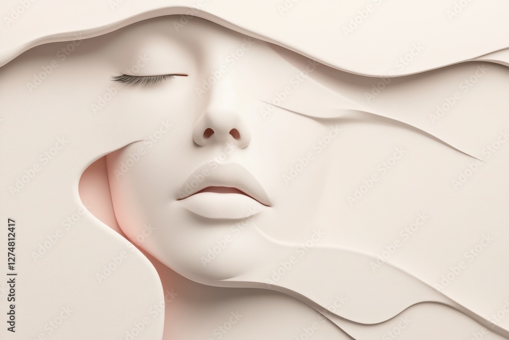 Poster creative graphic layout showcasing a serene abstract face with flowing features and smooth textures