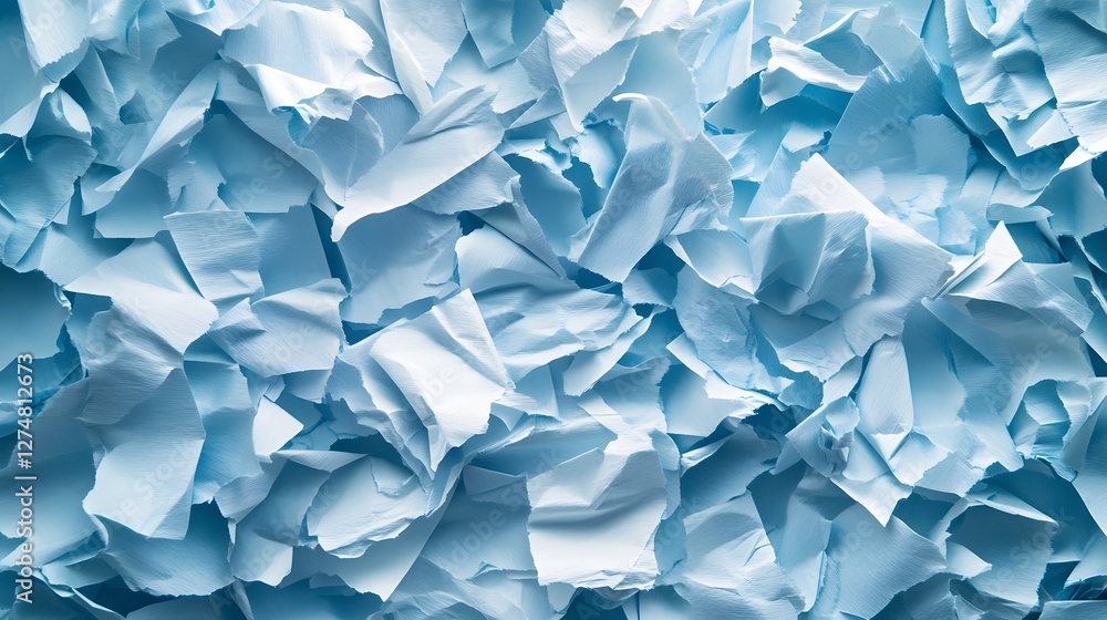 Poster close-up view of many light blue crumpled and torn paper pieces. abstract background texture. abstra