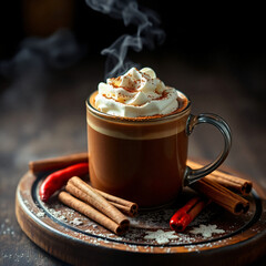 Mexican Hot Chocolate - Steaming Spiced Drink with Whipped Cream & Cinnamon