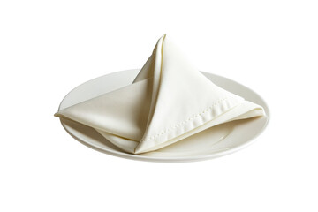 Elegant white napkin artfully folded on a pristine plate for an upscale dining experience isolated on transparent background