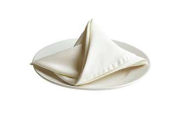 Elegant white napkin artfully folded on a pristine plate for an upscale dining experience isolated on transparent background