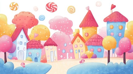 Colorful candy land cityscape with lollipops and whimsical buildings