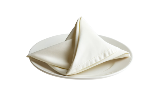 Elegant white napkin artfully folded on a pristine plate for an upscale dining experience isolated on transparent background