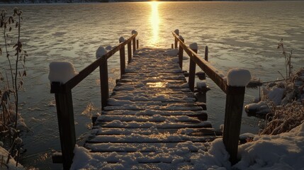 Fototapeta premium Snow-covered wooden pier extending into a frozen lake, golden light reflecting on icy surface.