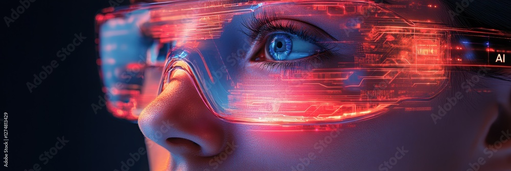 Poster exploring futuristic technology through augmented reality glasses in a digital environment