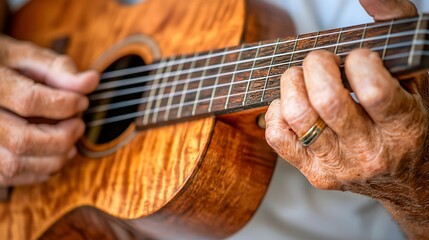 Close-up of senior hands playing ukulele.
