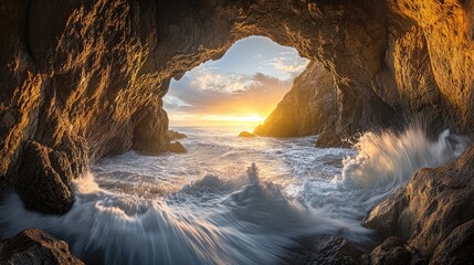 Stunning coastal arch with waves crashing through it, sun setting on the horizon.