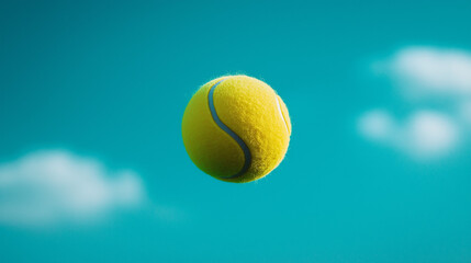 Tennisbälle schweben vor himmelblauem Hintergrund

