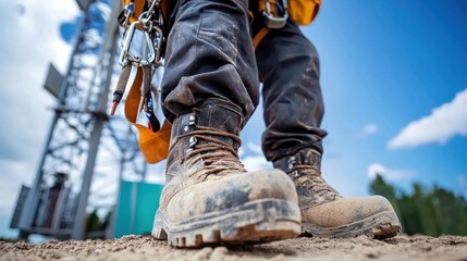 Close-up of dirty work boots, worker standing near telecommunication tower.
