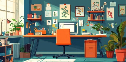Bright and organized workspace filled with plants and artwork