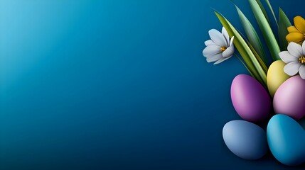 Obraz premium Colorful Easter eggs and spring flowers arranged beautifully against a blue background celebrating the joy of the season