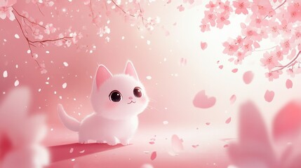 Adorable cartoon kitten surrounded by falling cherry blossom petals