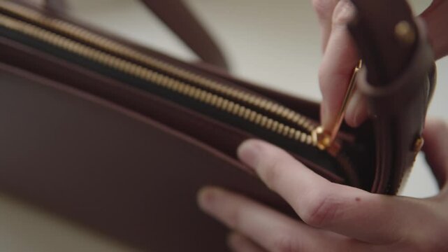 Woman opening stylish leather bag with golden zippers