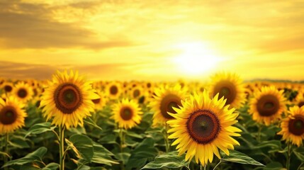 Obraz premium Vibrant sunflower field stretching towards the horizon under a golden summer sky.