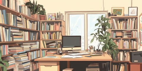 A cozy study room with a desk and bookshelves