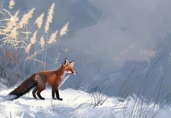 A vibrant red fox stands gracefully in a snow-covered grassland, its fur contrasting with the soft white landscape. The early morning light casts a serene glow