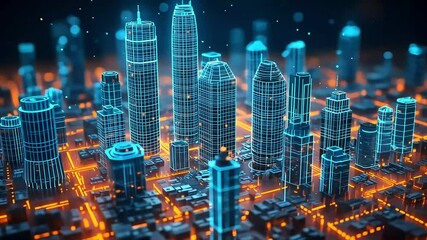Digital Metropolis: A futuristic cityscape rendered in vibrant neon blue and orange hues, showcasing a mesmerizing blend of technology and urban architecture. - Powered by Adobe