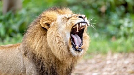 Adult male lion with open mouth showing teeth and pink tongue, roaring in a green environment.