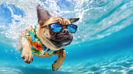 A Pug dog wearing sunglasses and a floral shirt swims underwater in clear blue ocean.