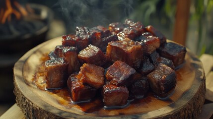 Smoked BBQ pork, outdoor, steaming, fire