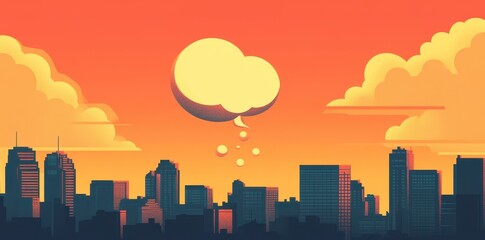 Obraz premium Cartoon cityscape with thought bubble against orange sunset sky