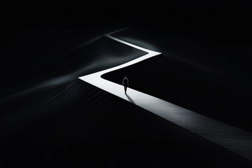 Ein Mensch auf einem schmalen Weg in einem Lichtstrahl der Dunkelheit

