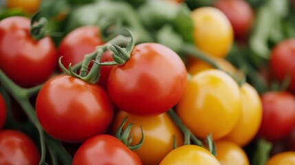 Fresh red and yellow cherry tomatoes on vine. Close-up. Possible use for food blogs, cooking websites, or grocery stores