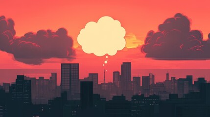 Fototapeta premium Thought bubble over skyline at sunset in digital illustration