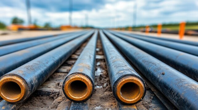 Several drill pipes laid out, ready for use in drilling operations.